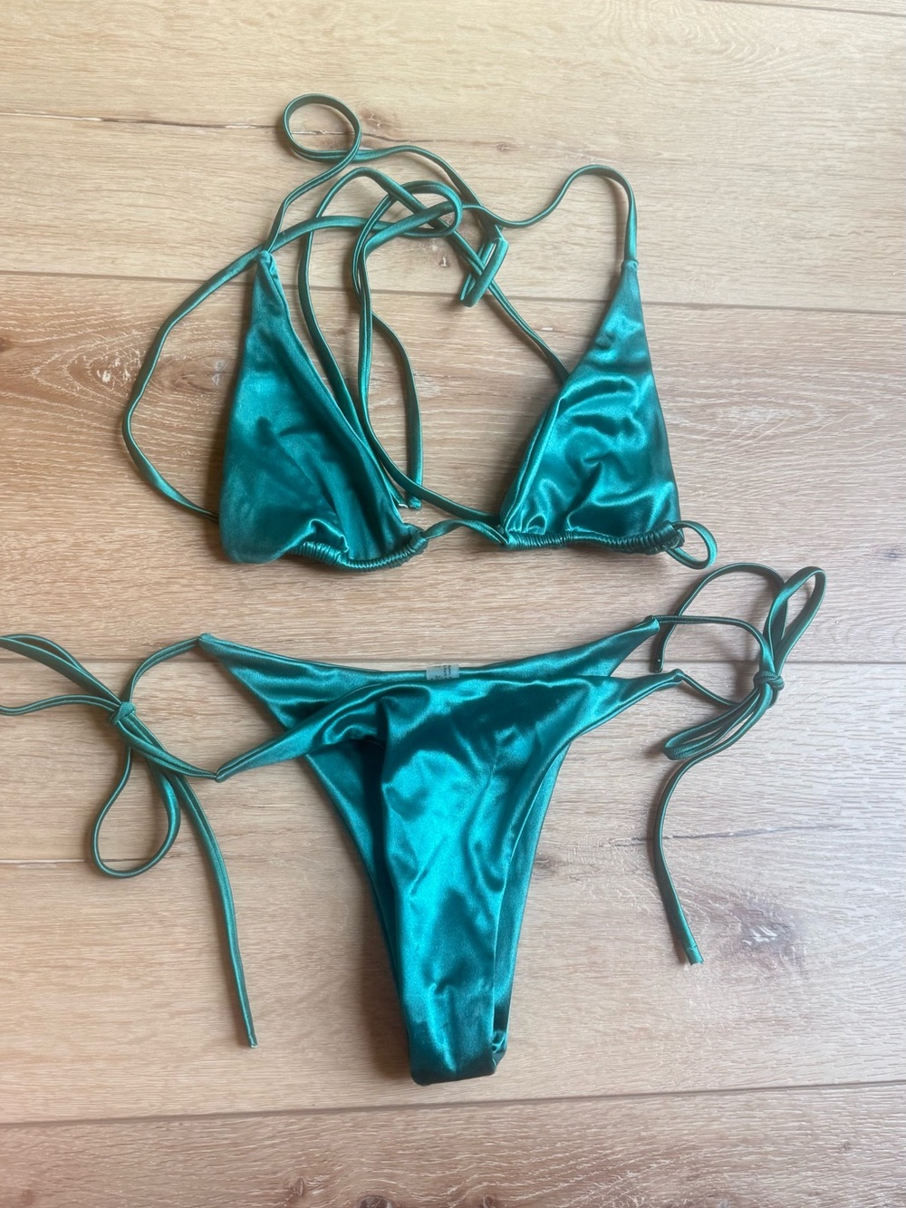 Women’s Teal Satin String Bikini Top & Bottom Set size Medium